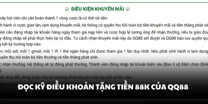Đọc kỹ điều khoản tặng tiền 88k của QQ88